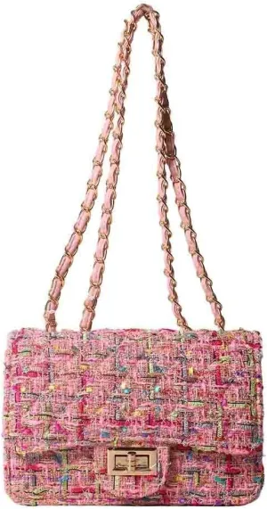 Women's Tweed Plaid Square Bag, Large Capacity Quilted Woven Embroidered Shoulder Bag, Ladies Woolen Handbag Clutch Tote