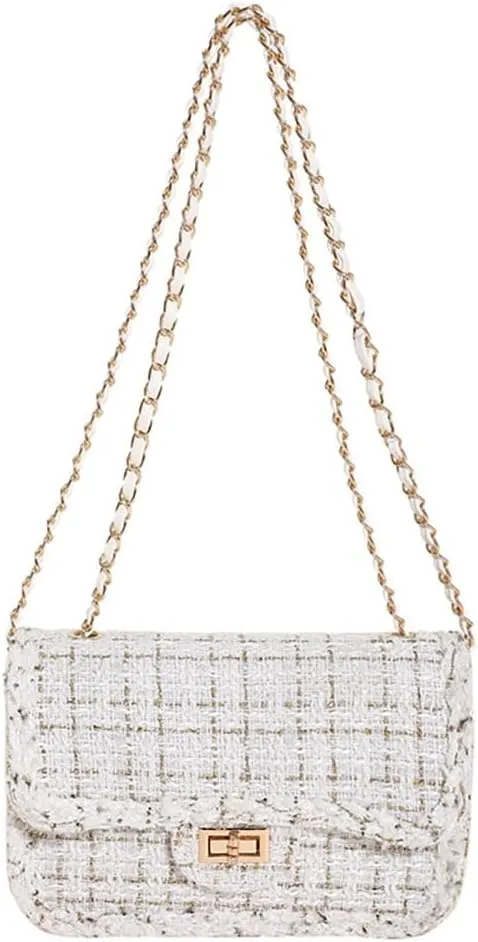 Women's Tweed Plaid Square Purse, Large Capacity Luxury Quilted Embroidered Shoulder Bag, Novelty Woolen Clutch Tote Handbag