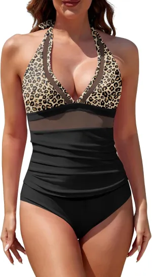 Womens V Neck Tankini Bathing Suits Tummy Control Two Piece Swimsuits for Women Mesh Halter Swimwear