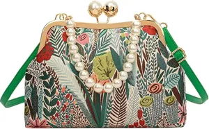 Women’s Vintage Embroidered Flower Crossbody Bag, Antique Kiss-Lock Closure & Adjustable Pearl Chain Strap