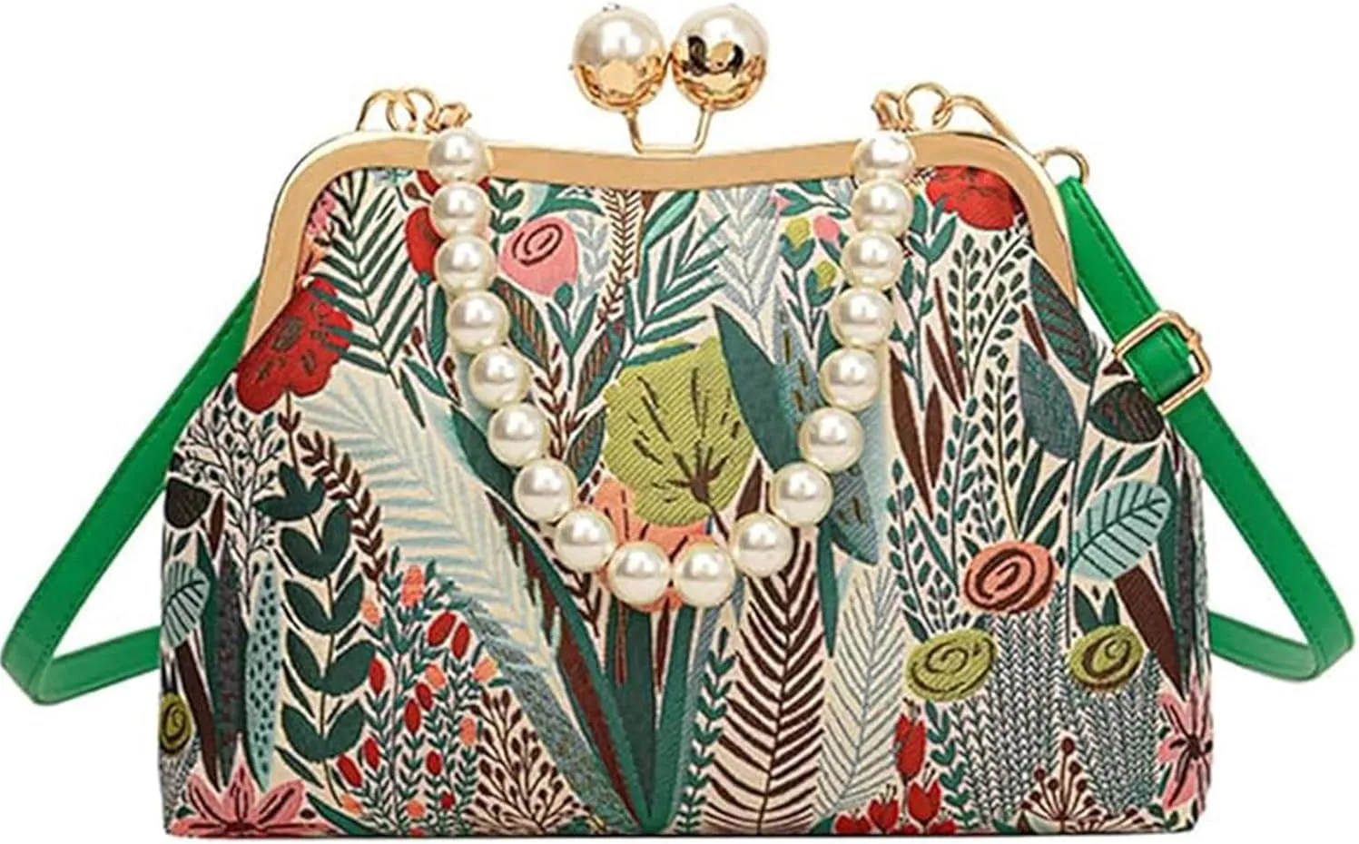 Women’s Vintage Embroidered Flower Crossbody Bag, Antique Kiss-Lock Closure & Adjustable Pearl Chain Strap