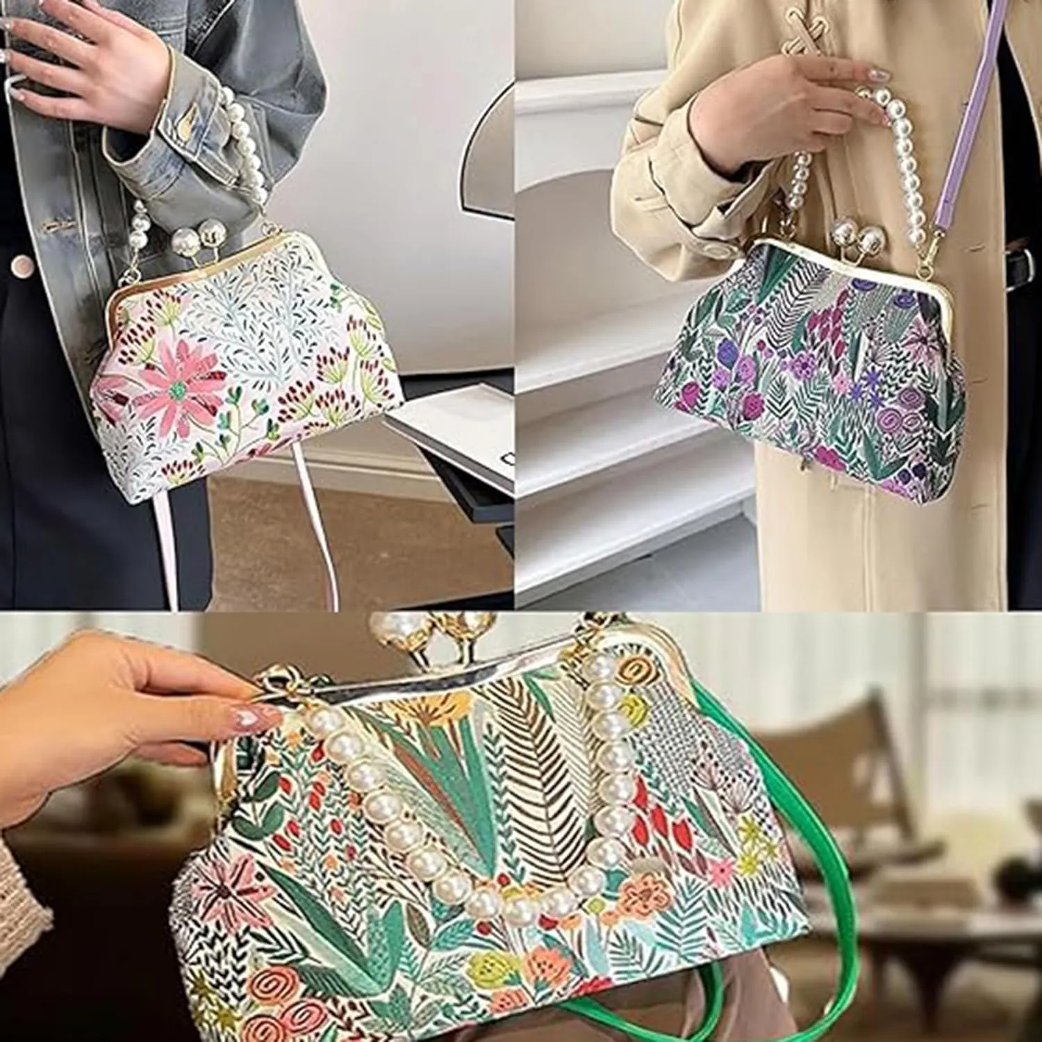 Women’s Vintage Embroidered Flower Crossbody Bag, Antique Kiss-Lock Closure & Adjustable Pearl Chain Strap