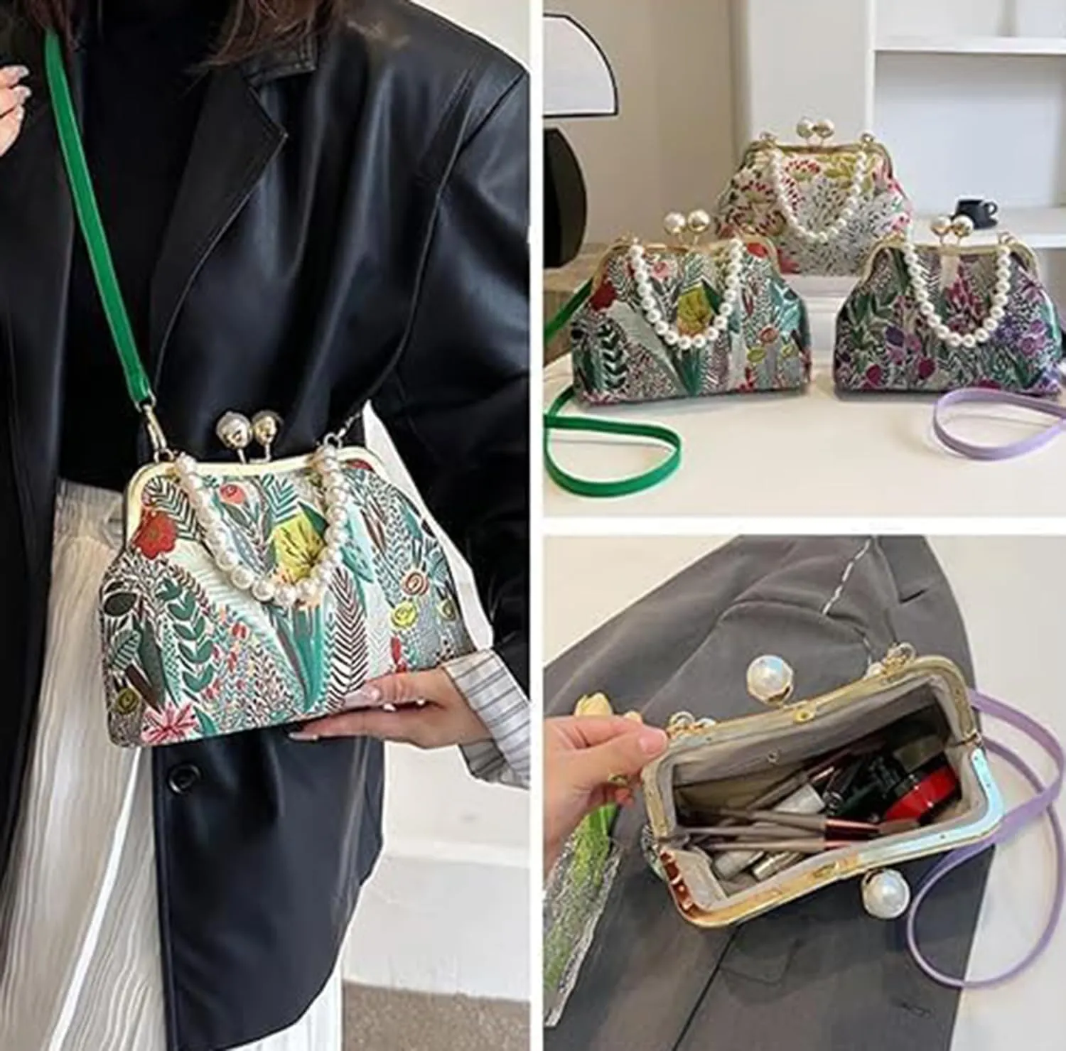 Women’s Vintage Embroidered Flower Crossbody Bag, Antique Kiss-Lock Closure & Adjustable Pearl Chain Strap