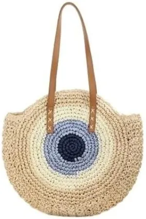 Women's Vintage Round Straw Handbag- Large Capacity Gradient Beach Tote with Hollow Design, Casual Shoulder Bag, Boho Round Straw Tote, Handwoven Straw Beach Handbag, Summer Handbag
