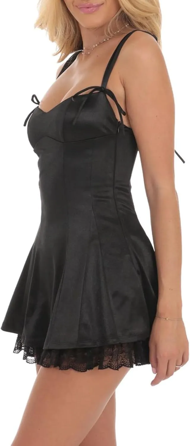 Women's Y2k Corset Mini Dress Cute Bow Lace Patchwork Sleeveless Low Cut A-Line Wedding Graduation Party Short Dress