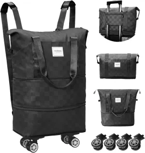 WOOMADA Expandable Foldable Rolling Duffel Bag with Wheels, Detachable Rolling Backpack Weekend Bag for Travel, Business, Camping, Gift for Parents, Spouse(Black Checkerboard)