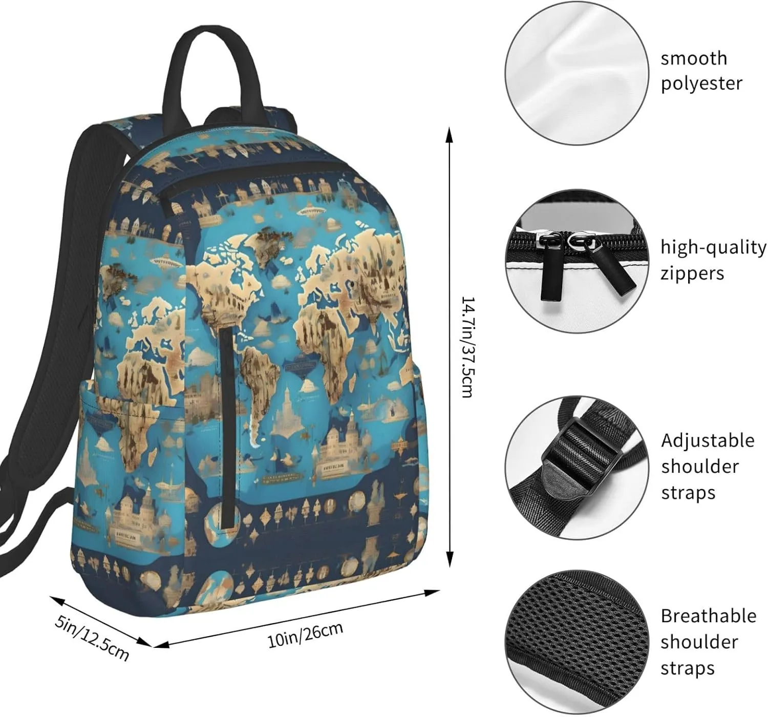 World Geography Map Backpacks Lightweight With 1 Main Compartment, Tote Shoulder Hiking Bag, Black