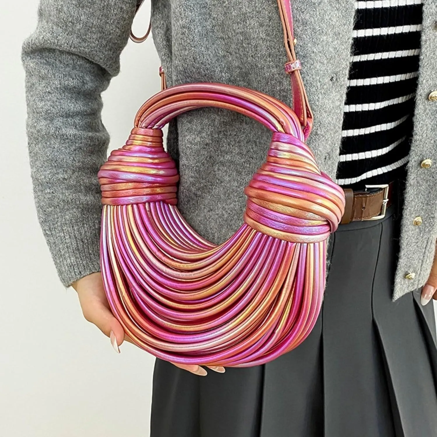 Woven Crossbody Bag for Women, Small Leather Bread Handbag Knotted Clutch Purse Top Handle Noodles Shoulder Bag.