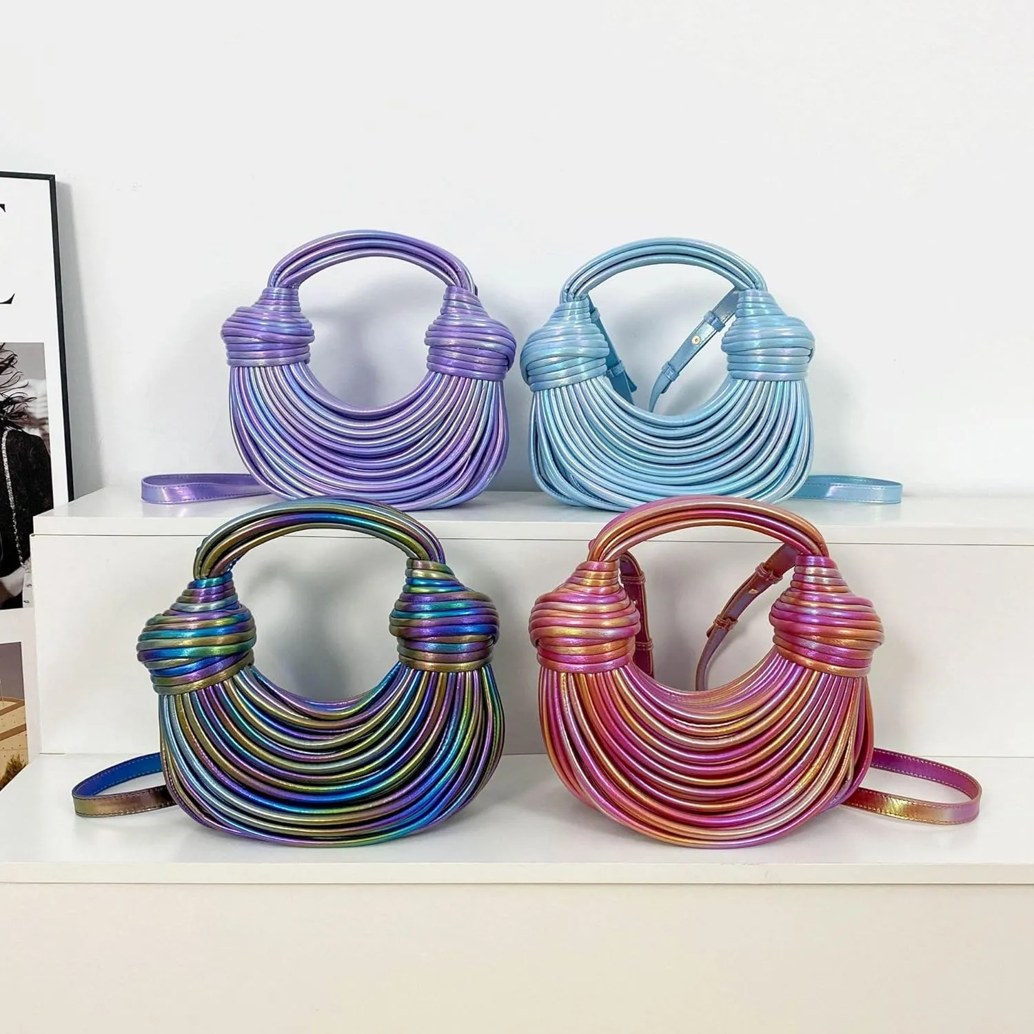 Woven Crossbody Bag for Women, Small Leather Bread Handbag Knotted Clutch Purse Top Handle Noodles Shoulder Bag.