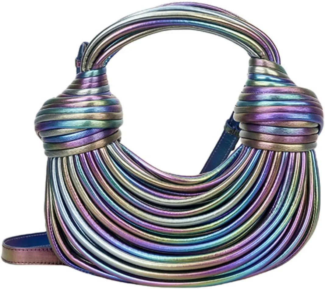 Woven Crossbody Bag for Women, Small Leather Bread Handbag Knotted Clutch Purse Top Handle Noodles Shoulder Bag.