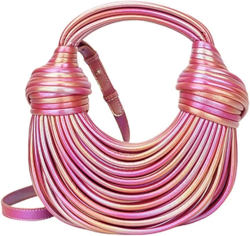 Woven Crossbody Bag for Women, Small Leather Bread Handbag Knotted Clutch Purse Top Handle Noodles Shoulder Bag.