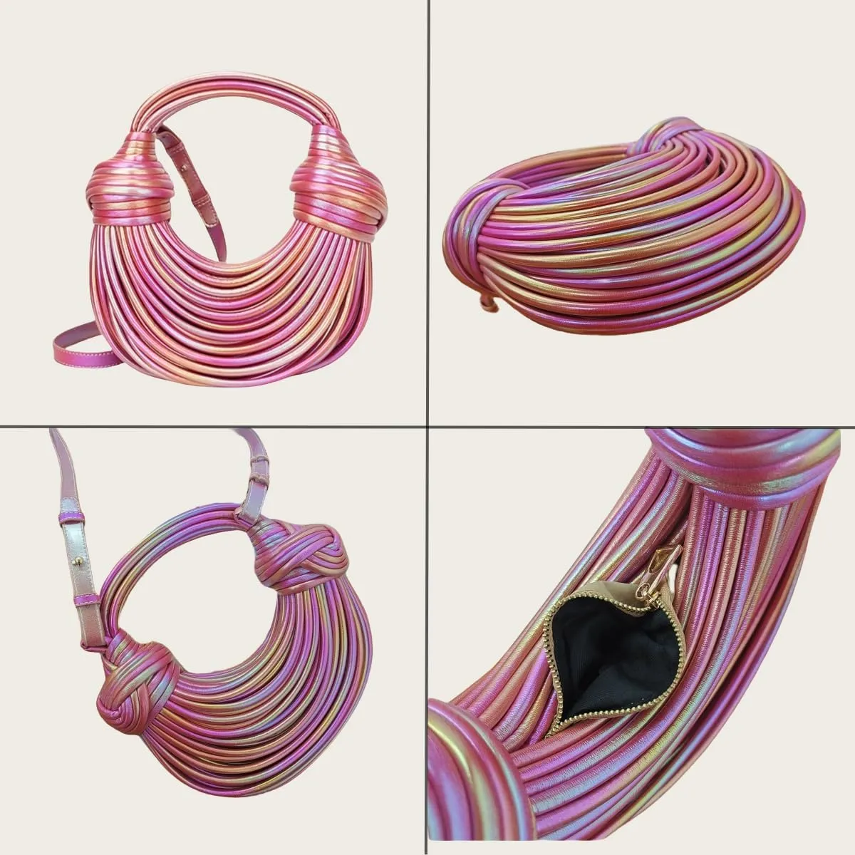 Woven Crossbody Bag for Women, Small Leather Bread Handbag Knotted Clutch Purse Top Handle Noodles Shoulder Bag.