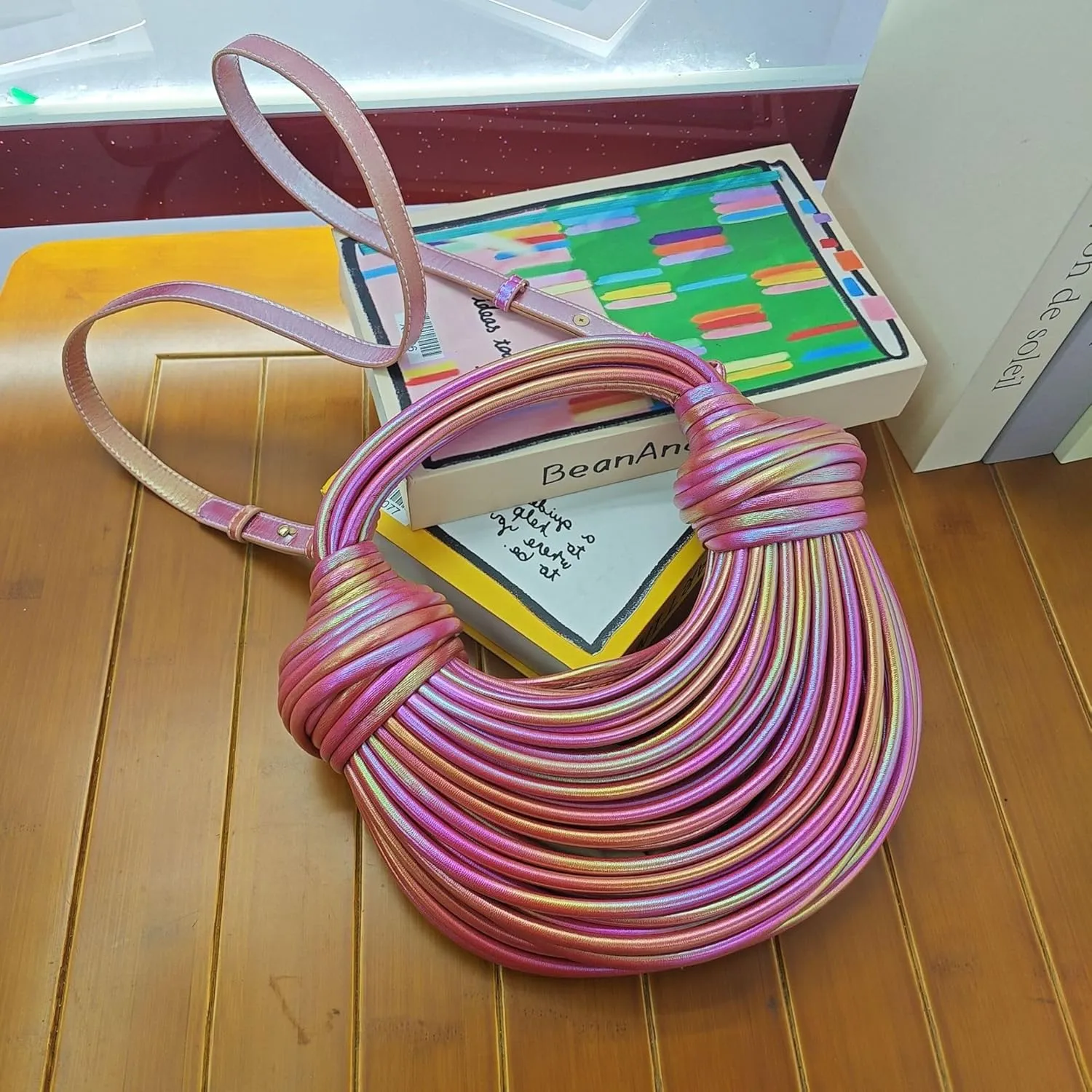 Woven Crossbody Bag for Women, Small Leather Bread Handbag Knotted Clutch Purse Top Handle Noodles Shoulder Bag.