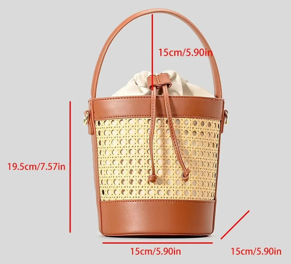 Woven Rattan Bag for Women Perforated PU Leather Bucket Bag Summer Top-handle Drawstring Handbag Purses