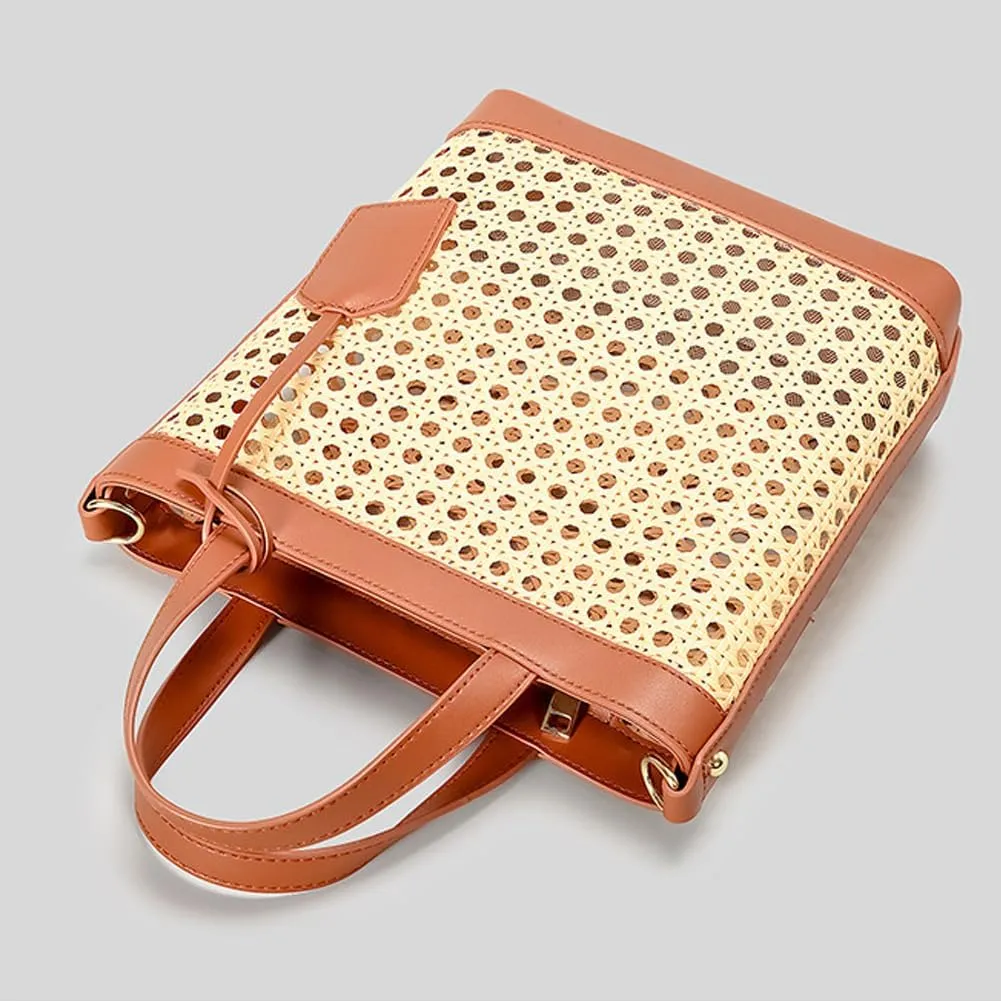 Woven Rattan Bag for Women Perforated PU Leather Bucket Bag Summer Top-handle Drawstring Handbag Purses