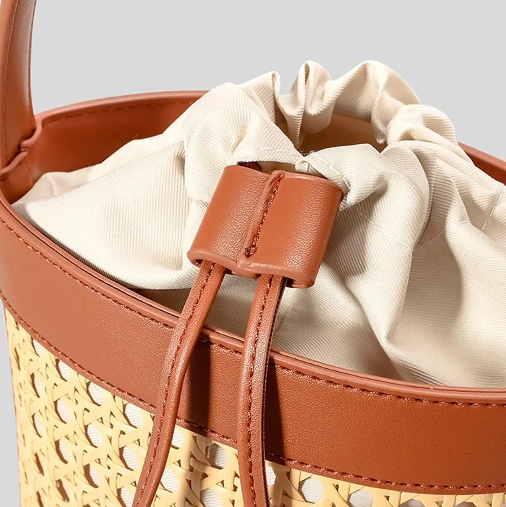 Woven Rattan Bag for Women Perforated PU Leather Bucket Bag Summer Top-handle Drawstring Handbag Purses