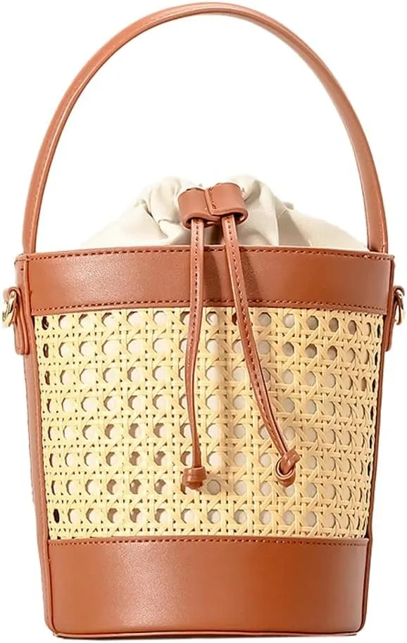 Woven Rattan Bag for Women Perforated PU Leather Bucket Bag Summer Top-handle Drawstring Handbag Purses
