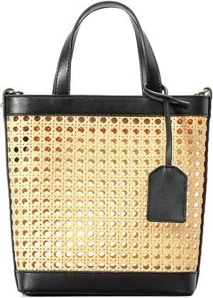 Woven Rattan Bag for Women Perforated PU Leather Bucket Bag Summer Top-handle Drawstring Handbag Purses
