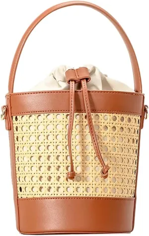 Woven Rattan Bag for Women Perforated PU Leather Bucket Bag Summer Top-handle Drawstring Handbag Purses