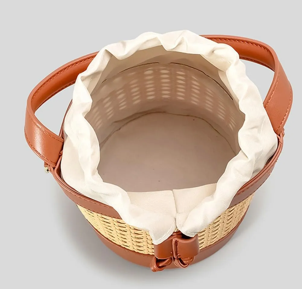 Woven Rattan Bag for Women Perforated PU Leather Bucket Bag Summer Top-handle Drawstring Handbag Purses