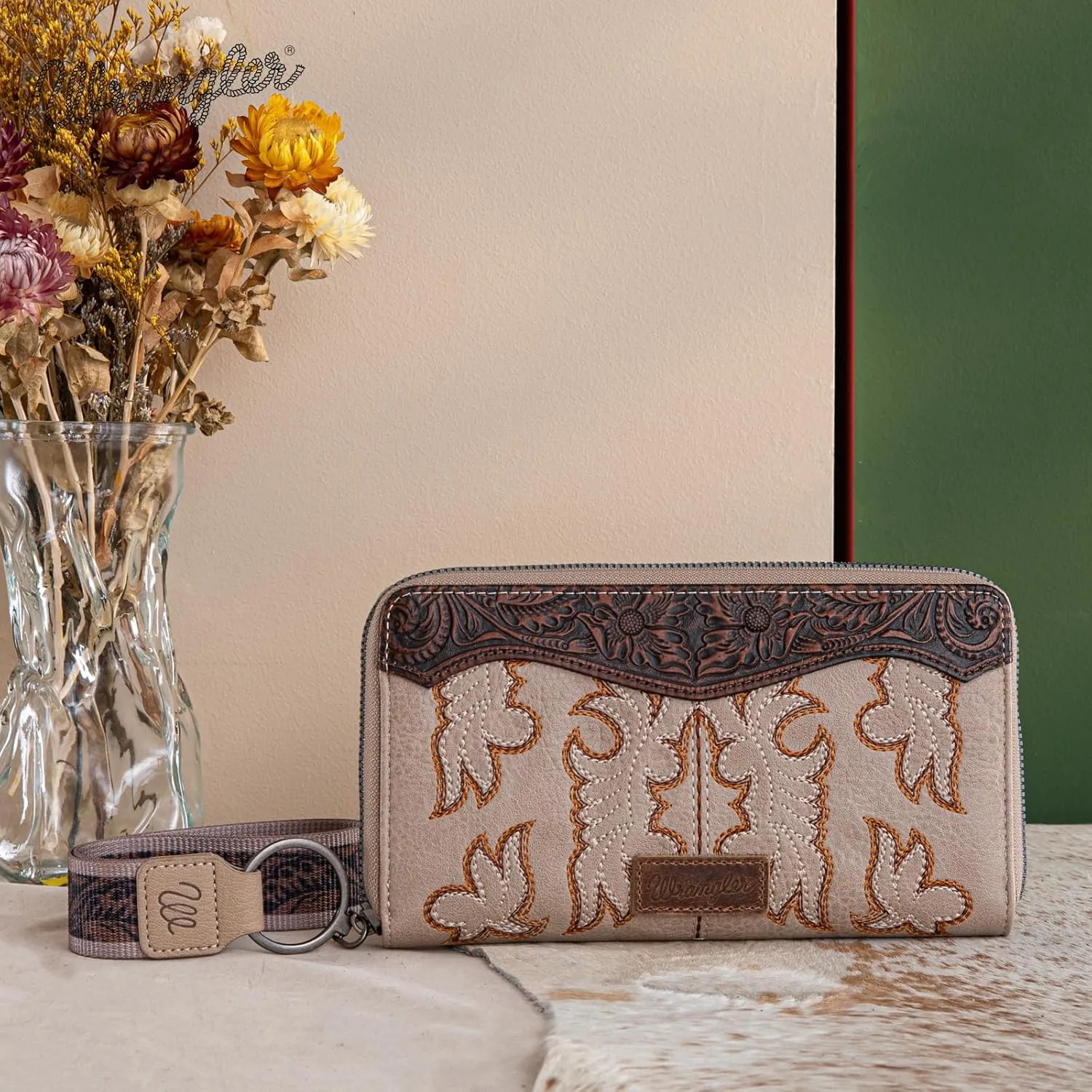 Wrangler Wristlet Western Wallet for Women Floral Tooled Clutch Boot Stitch Bifold Wallet with Card Holder