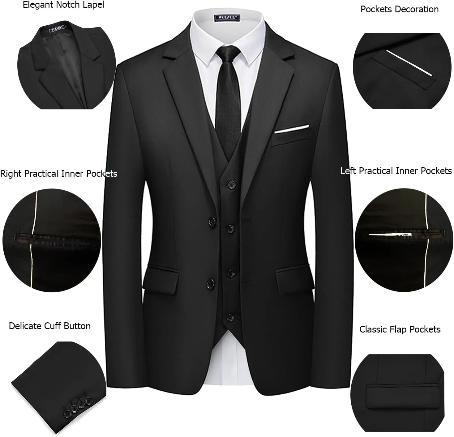 WULFUL Men's 3 Piece Slim Fit Suit Set Two Button Blazer Jacket Vest Pants Tuxedo Set for Party, Wedding and Business