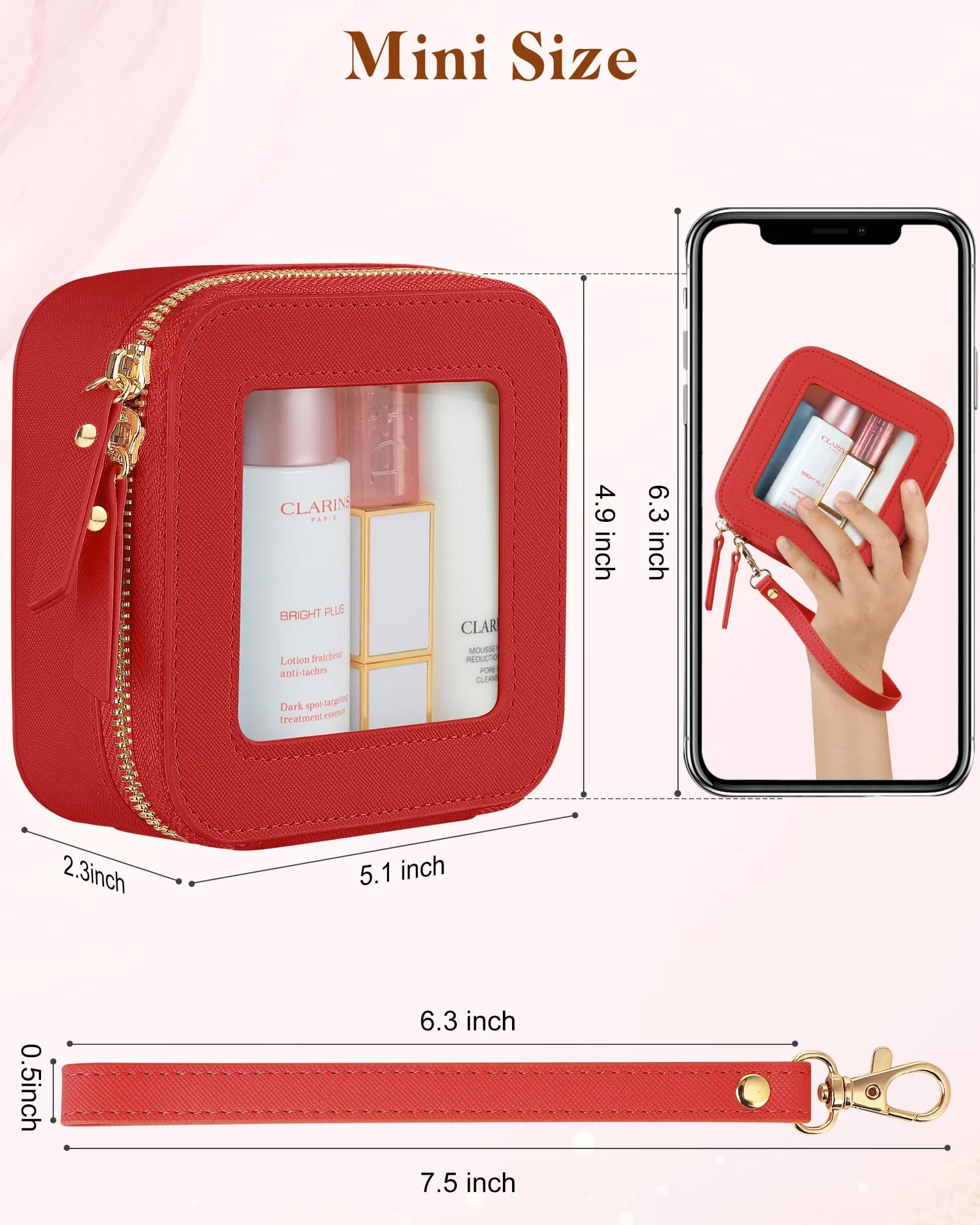 XUGUXA Clear Makeup Bag | Mini Makeup Bag | Small Makeup Bag/Small Cosmetic Bag for Purse | Cute Leather Makeup Pouch | Purse Organizer | Car Travel Purse Essentials for Women (Red Mini)