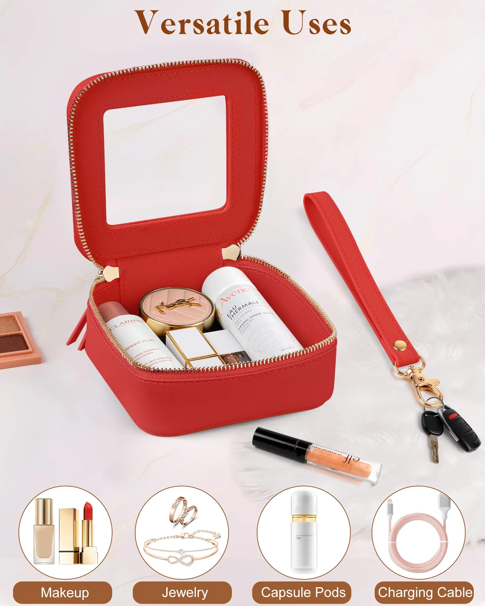 XUGUXA Clear Makeup Bag | Mini Makeup Bag | Small Makeup Bag/Small Cosmetic Bag for Purse | Cute Leather Makeup Pouch | Purse Organizer | Car Travel Purse Essentials for Women (Red Mini)