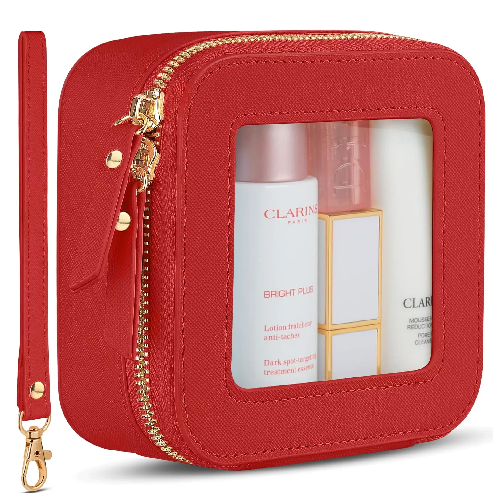 XUGUXA Clear Makeup Bag | Mini Makeup Bag | Small Makeup Bag/Small Cosmetic Bag for Purse | Cute Leather Makeup Pouch | Purse Organizer | Car Travel Purse Essentials for Women (Red Mini)