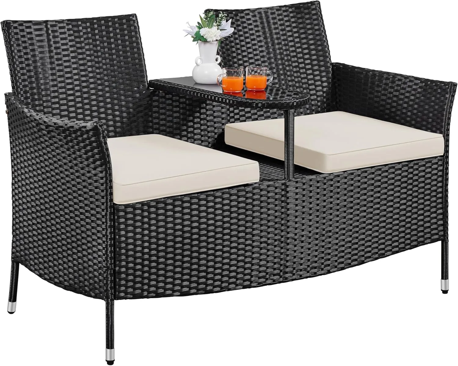 Yaheetech Patio Loveseat, Outdoor Wicker Double Chair w/Side Table, PE Rattan Furniture Set for Two People, Love Seat w/2 Removable Cushions & 1 Tempered Glass Side Table, Black/Beige