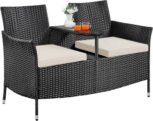 Yaheetech Patio Loveseat, Outdoor Wicker Double Chair w/Side Table, PE Rattan Furniture Set for Two People, Love Seat w/2 Removable Cushions & 1 Tempered Glass Side Table, Black/Beige