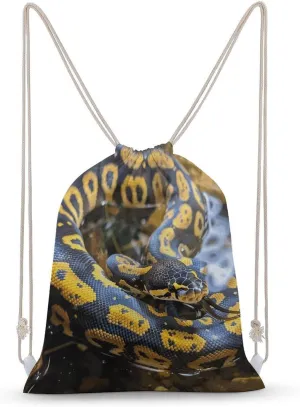 Yellow And Black Python Drawstring Backpack for Women Men Drawstring Bag for Travel Swimming Sports Gym Bag