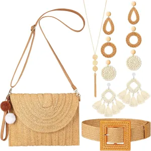 Yinkin 7 Pcs Women Beach Accessories Straw Bag Clutch Purse Summer Boho Rattan Earring Waist Belt Fringe Necklaces for Women