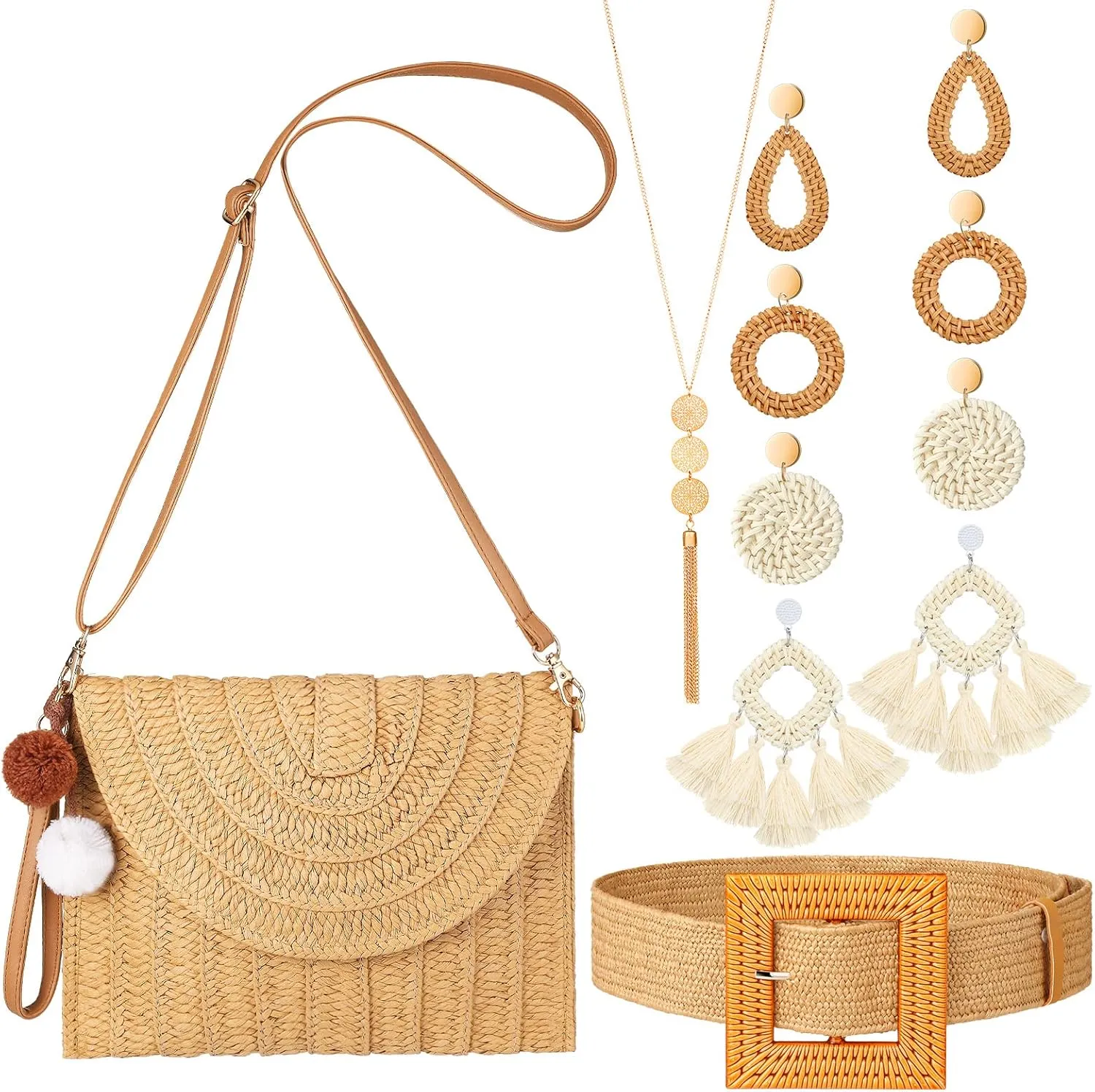 Yinkin 7 Pcs Women Beach Accessories Straw Bag Clutch Purse Summer Boho Rattan Earring Waist Belt Fringe Necklaces for Women