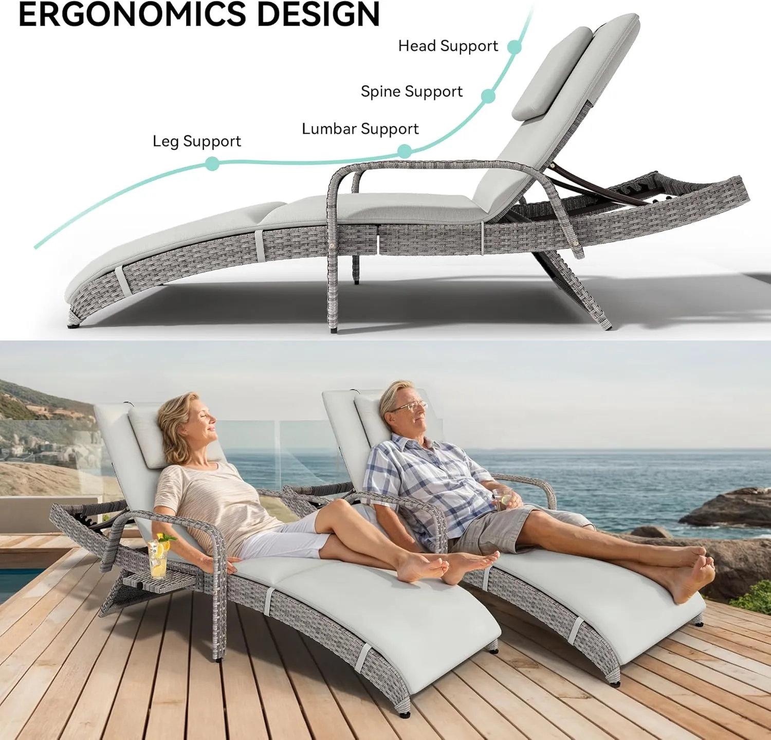 YITAHOME Wicker Chaise Lounge Outdoor, Rattan Pool Lounge Chair Reclining Chaise Lounge Set w/Pull-Out Desktop, 5-Position backrest, Headrest & Cushion, Armrests for Poolside, Beach, Outside(Grey)