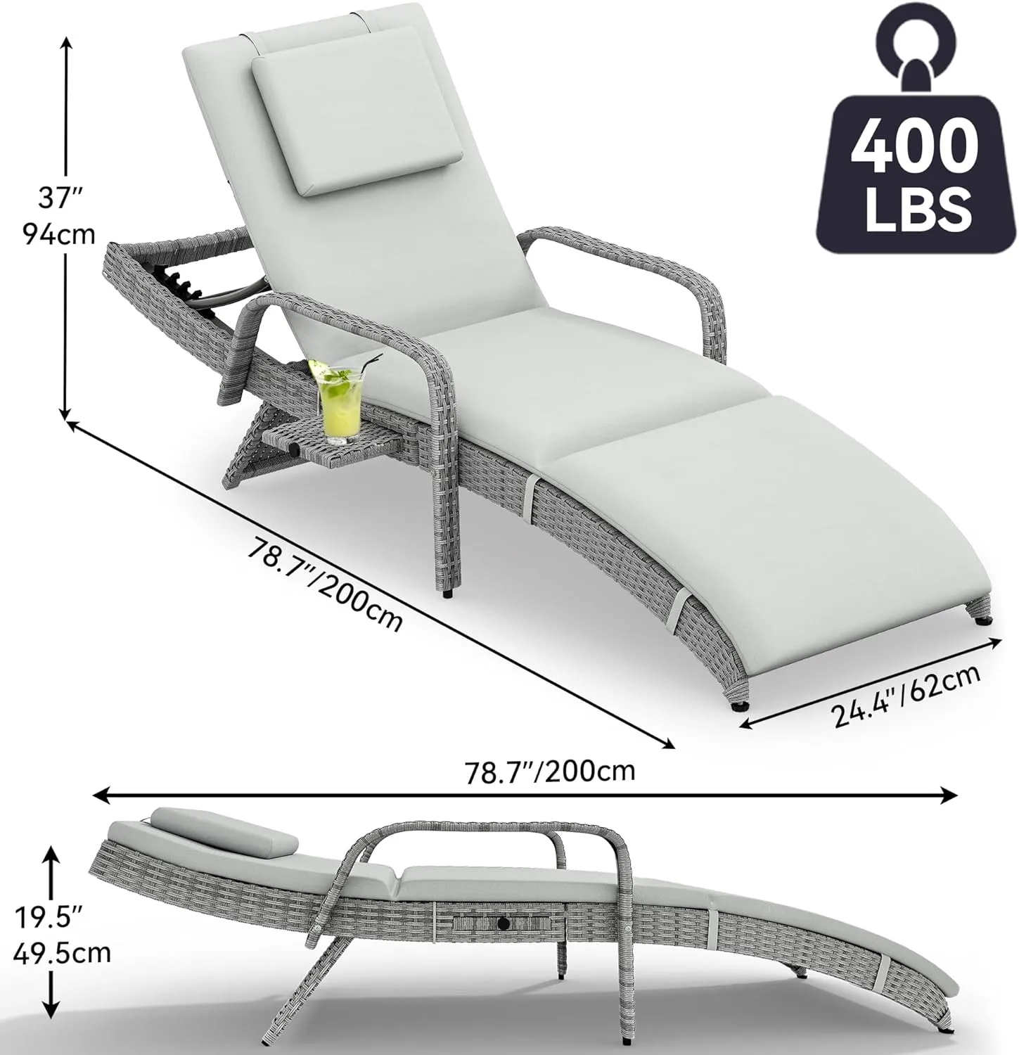 YITAHOME Wicker Chaise Lounge Outdoor, Rattan Pool Lounge Chair Reclining Chaise Lounge Set w/Pull-Out Desktop, 5-Position backrest, Headrest & Cushion, Armrests for Poolside, Beach, Outside(Grey)