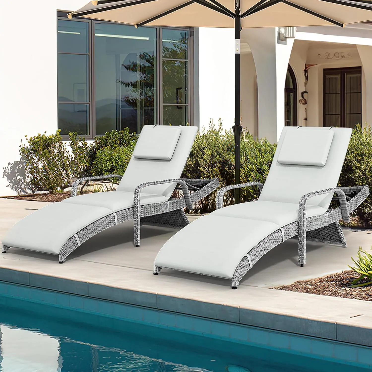YITAHOME Wicker Chaise Lounge Outdoor, Rattan Pool Lounge Chair Reclining Chaise Lounge Set w/Pull-Out Desktop, 5-Position backrest, Headrest & Cushion, Armrests for Poolside, Beach, Outside(Grey)