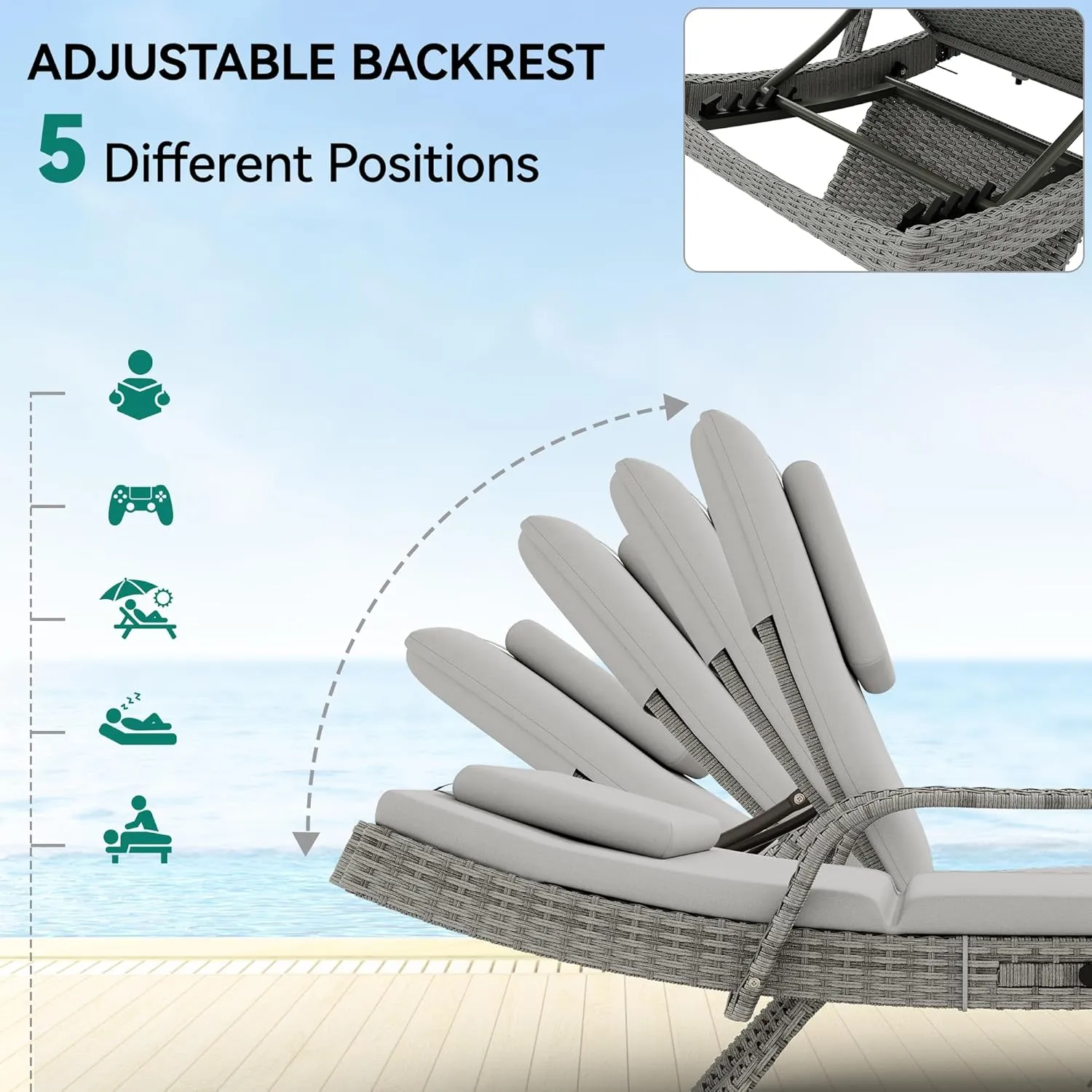 YITAHOME Wicker Chaise Lounge Outdoor, Rattan Pool Lounge Chair Reclining Chaise Lounge Set w/Pull-Out Desktop, 5-Position backrest, Headrest & Cushion, Armrests for Poolside, Beach, Outside(Grey)
