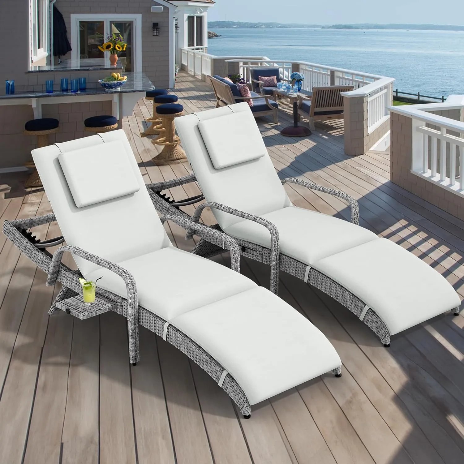 YITAHOME Wicker Chaise Lounge Outdoor, Rattan Pool Lounge Chair Reclining Chaise Lounge Set w/Pull-Out Desktop, 5-Position backrest, Headrest & Cushion, Armrests for Poolside, Beach, Outside(Grey)