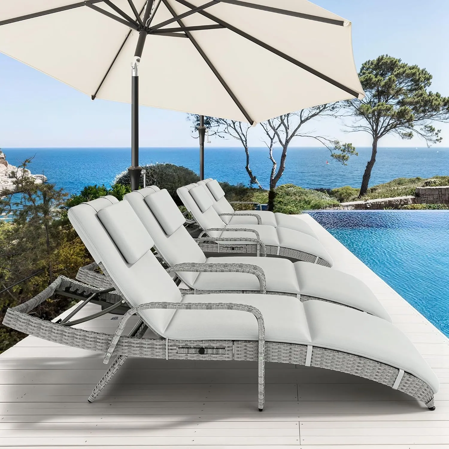 YITAHOME Wicker Chaise Lounge Outdoor, Rattan Pool Lounge Chair Reclining Chaise Lounge Set w/Pull-Out Desktop, 5-Position backrest, Headrest & Cushion, Armrests for Poolside, Beach, Outside(Grey)