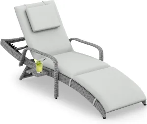 YITAHOME Wicker Chaise Lounge Outdoor, Rattan Pool Lounge Chair Reclining Chaise Lounge Set w/Pull-Out Desktop, 5-Position backrest, Headrest & Cushion, Armrests for Poolside, Beach, Outside(Grey)