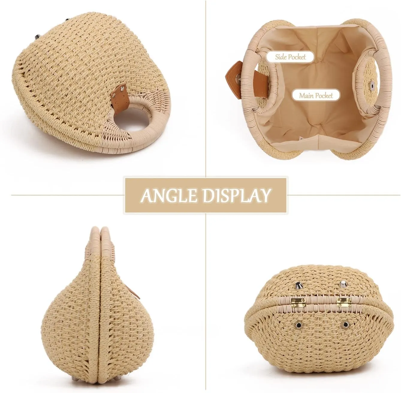 Ynport Straw Purses for Women Summer Beach Rattan Tote Bag Round Handle Ring Handbag Retro Handmade Woven Shell Bag