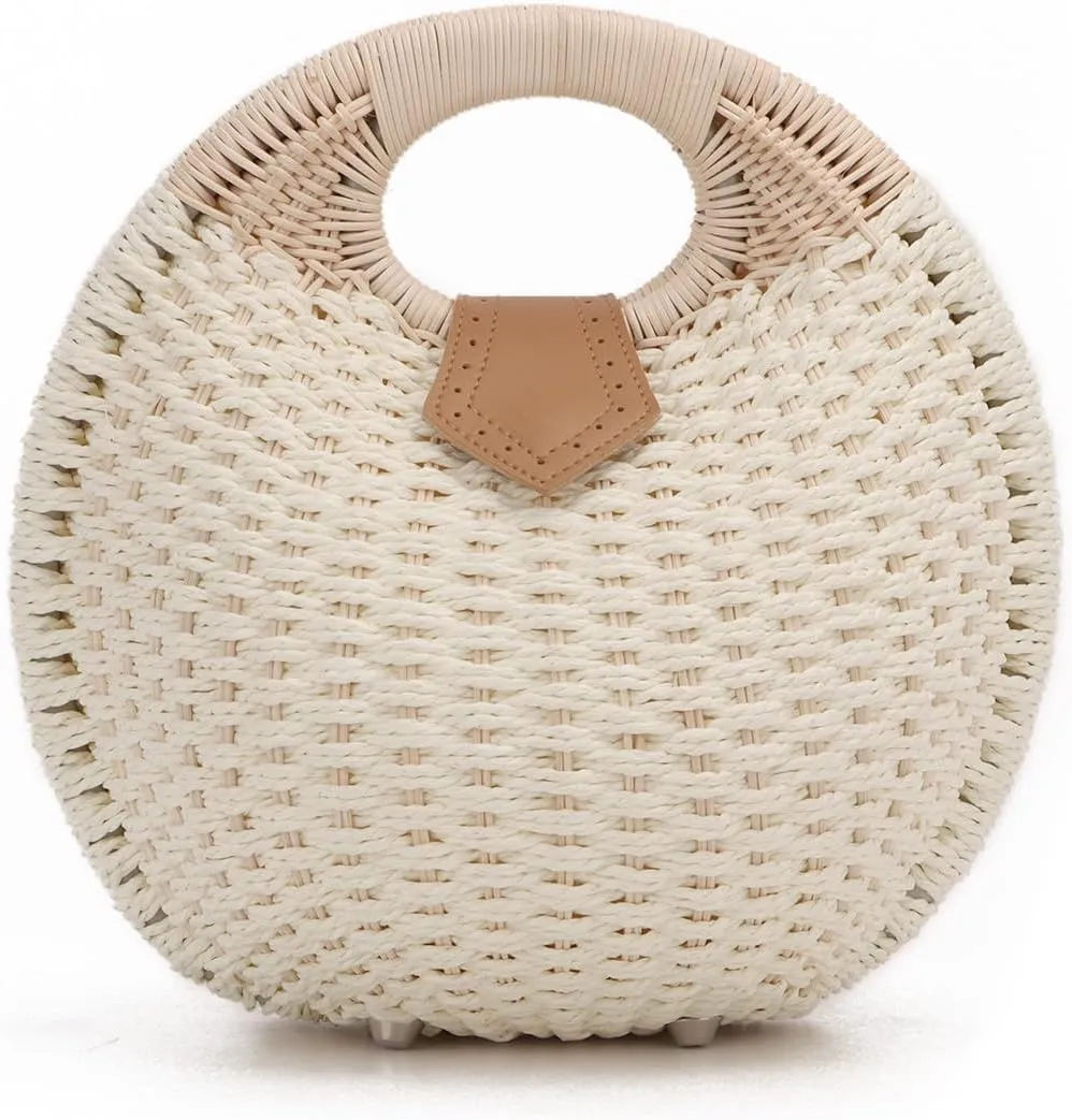 Ynport Straw Purses for Women Summer Beach Rattan Tote Bag Round Handle Ring Handbag Retro Handmade Woven Shell Bag