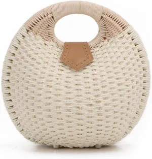 Ynport Straw Purses for Women Summer Beach Rattan Tote Bag Round Handle Ring Handbag Retro Handmade Woven Shell Bag