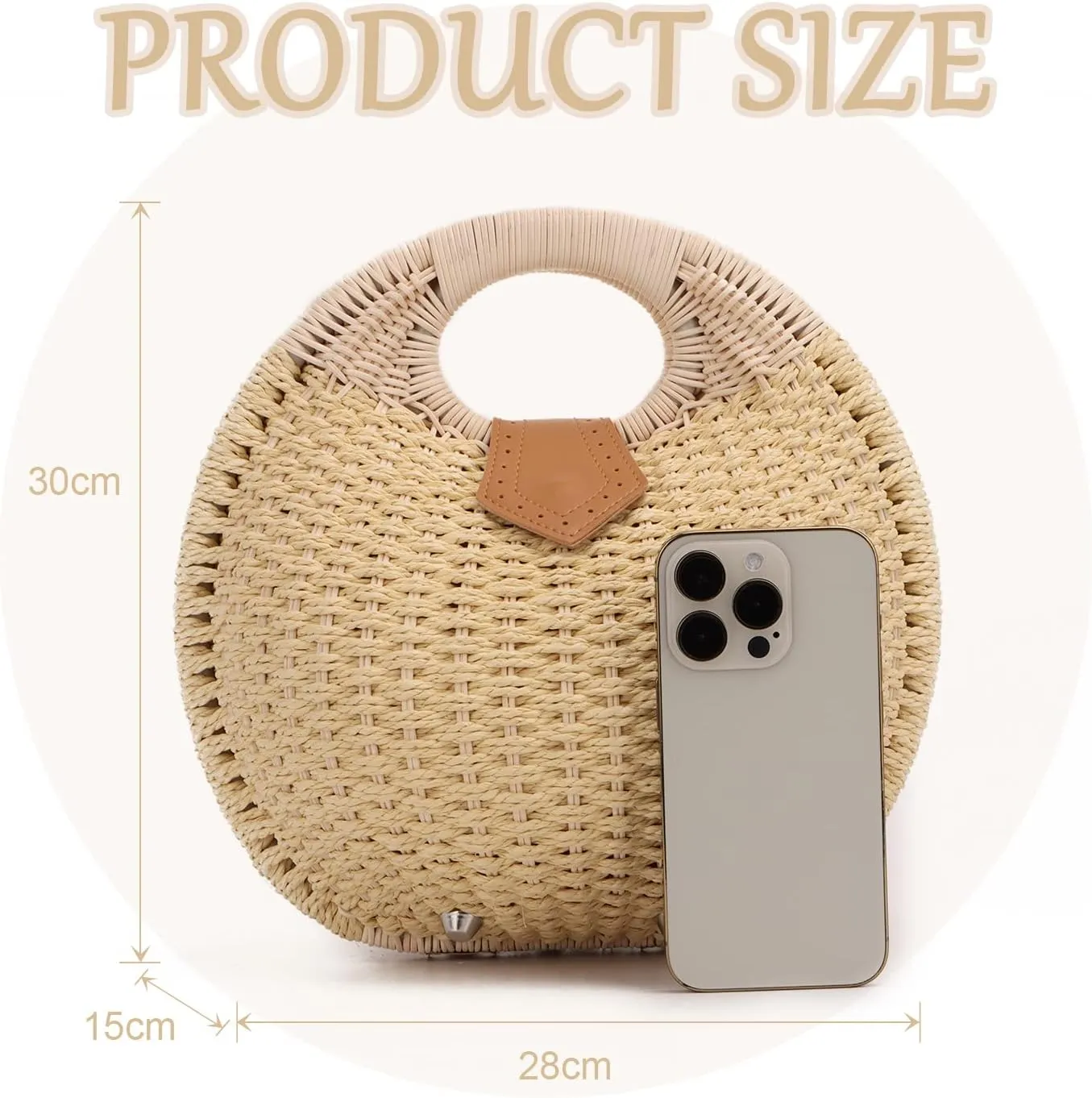 Ynport Straw Purses for Women Summer Beach Rattan Tote Bag Round Handle Ring Handbag Retro Handmade Woven Shell Bag