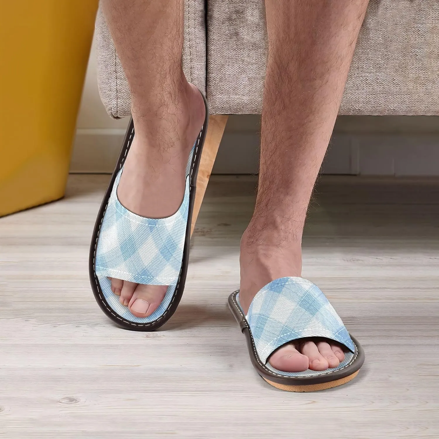 Yuiboo Light Blue Check Men Women's Shower House Slippers Summer Dorm Home Slides for Beach Indoor Beach