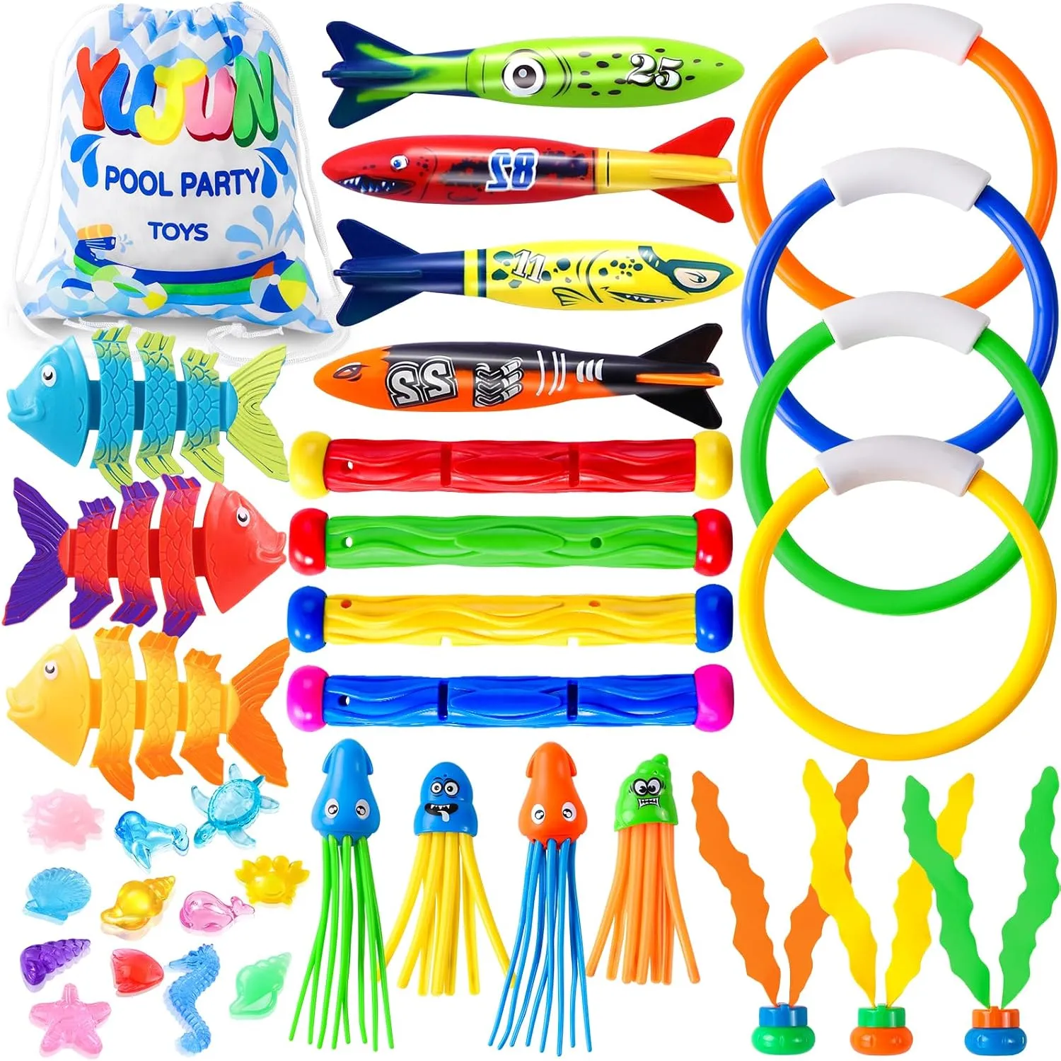 YUJUN 35PCS Pool Diving Swimming Toys, Summer Underwater Game Toys with Pool Fishes Dive Sticks Rings Gems Storage Bag for Kids Swim Birthday Party Favors