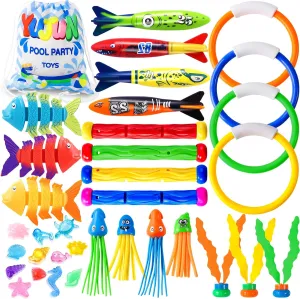 YUJUN 35PCS Pool Diving Swimming Toys, Summer Underwater Game Toys with Pool Fishes Dive Sticks Rings Gems Storage Bag for Kids Swim Birthday Party Favors