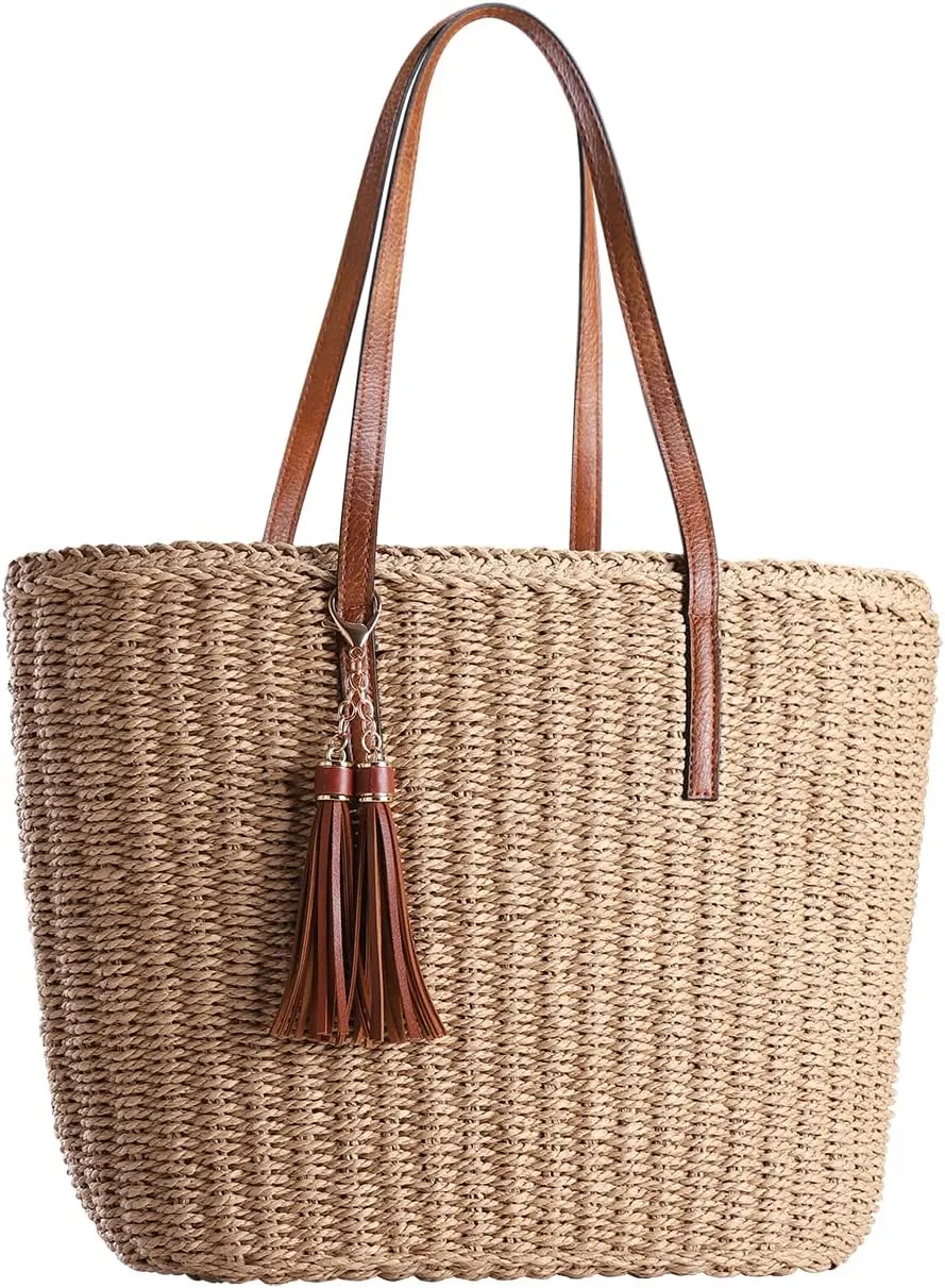 YXILEE Straw Bags For Women | M Size Travel Straw Totes Bag Woven Summer Handmade Shoulder Bag Handbag
