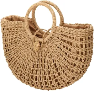YYW Beach Totes Bags for Women Summer Large Straw Hand-woven Top-handle Handbag Sea Straw Bag Beach Rattan Clutch Purse